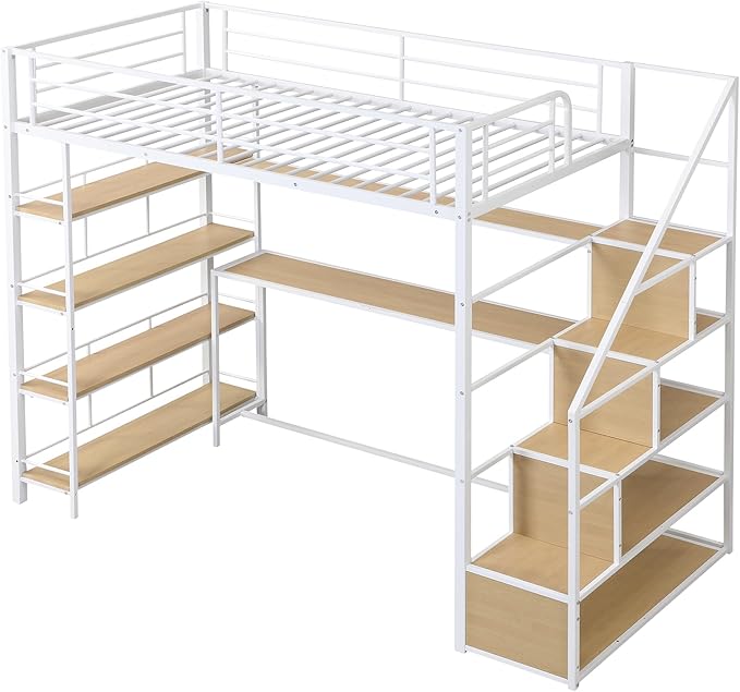 Twin Size Metal Loft Bed with Staircase, Full-Length Guardrails, a Built-in - Image 4