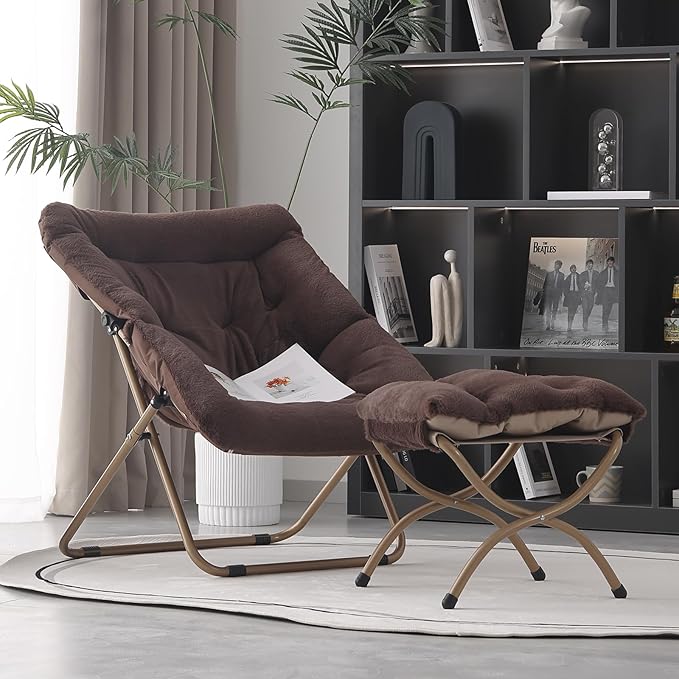 Saucer Chair with Ottoman, Oversized Folding Faux Fur Chair, Foldable Metal - Image 5