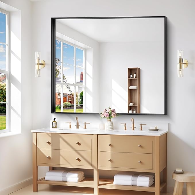 Black Bathroom Mirror, 40x48 Inch Rectangular Framed Mirror, Large Wall Mounted - Image 2