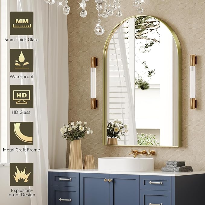 Brightify Arched Mirror, 22 x 30 Inch Gold Arch Mirror, Metal Frame Gold Arched - Image 3