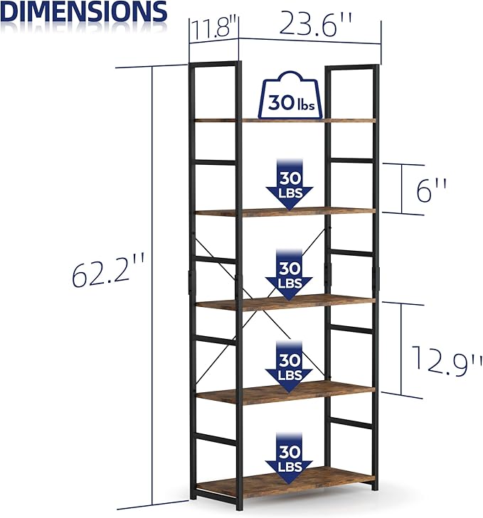 NUMENN 5 Tier Bookshelf, Tall Bookcase Shelf Storage Organizer, Modern Book - Image 3