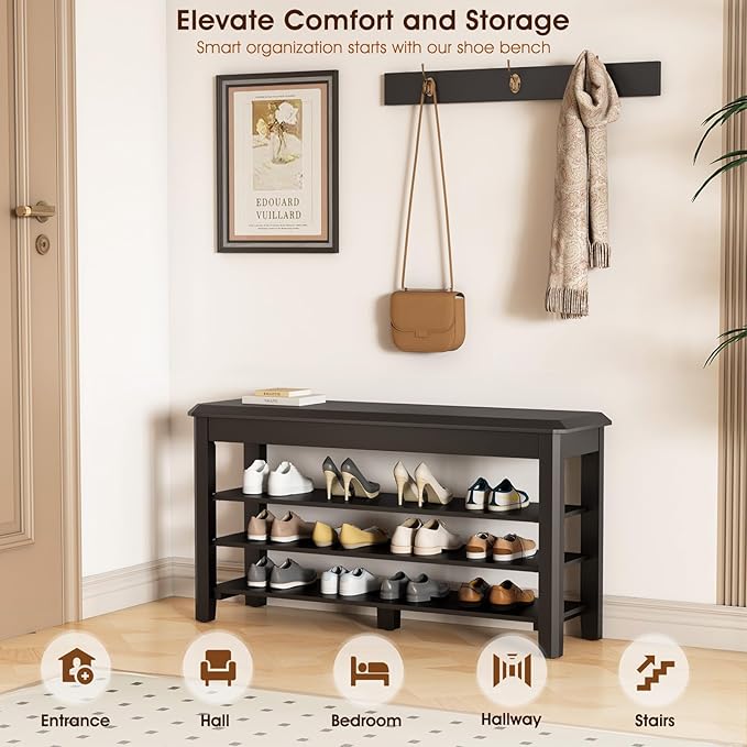 Shoe Rack Bench Seat Rubberwood 3-Tier Wooden Storage Bench 550lbs Compact - Image 3