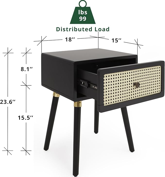 Bme Nipe Black Solid Wood Rattan Nightstand Fully Assembled, Woven Cane End - Image 2