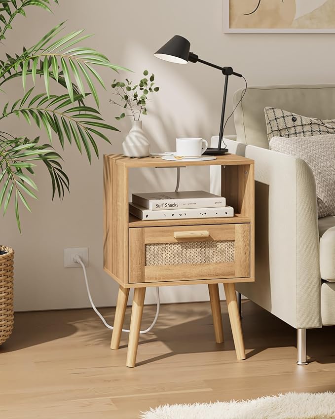Rattan Nightstand with Charging Station, Small Night Stand, Side Table with by Aienvey