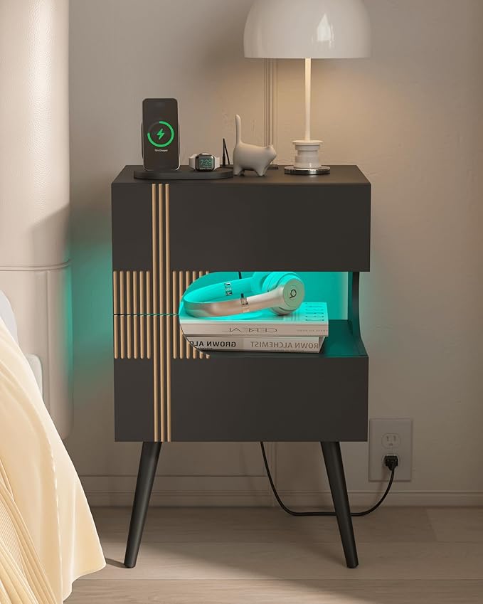 Black Nightstand with Charging Station and LED Lights, Modern Bedside Table - Image 9