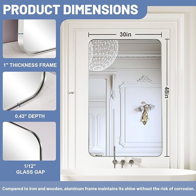 Silver Wall Mirror, 30x48 Inch Rounded Rectangle Vanity Mirror - Image 6