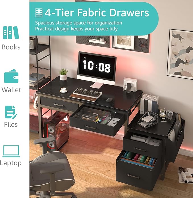 Lufeiya Gaming Desk with Fabric File Drawers Cabinet, 57 Inch Home Office Desks - Image 5