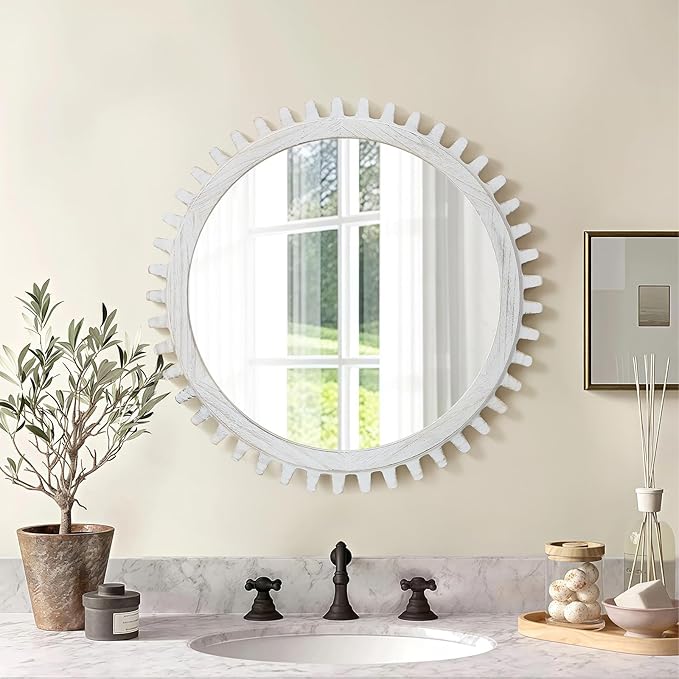 ULIKE Round Wood Mirror, 24 Inch Rustic Farmhouse Circle Mirror - Image 2