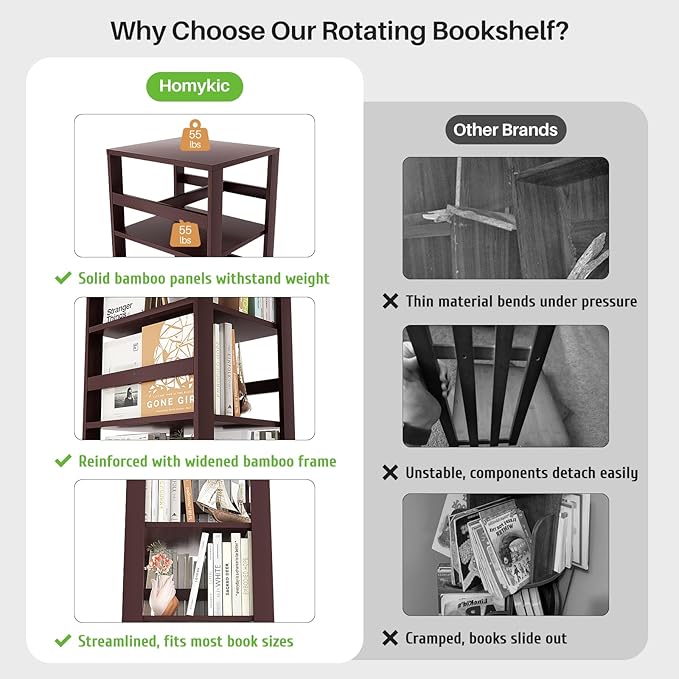 Homykic Rotating Bookshelf, Bamboo 360 Display Spinning Bookshelf Tower - Image 9