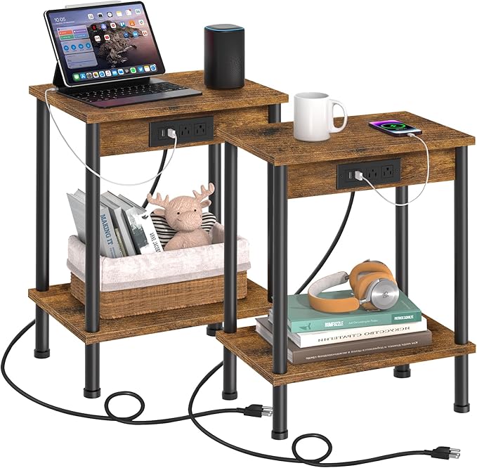 End Table with Charging Station, Small Side Table, 2-Tier Nightstand with by YUFAM