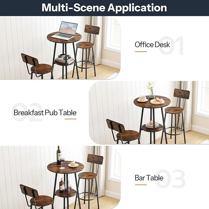 HOOBRO 3 Pieces Round Bar Height Table and Chairs Set, Round Dining Table Set - Image 6