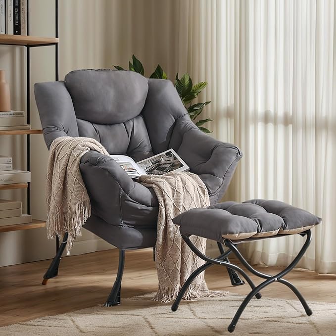 Lazy Chair with Ottoman, Reading Armchair with Armrests and Footrest, Large - Image 3