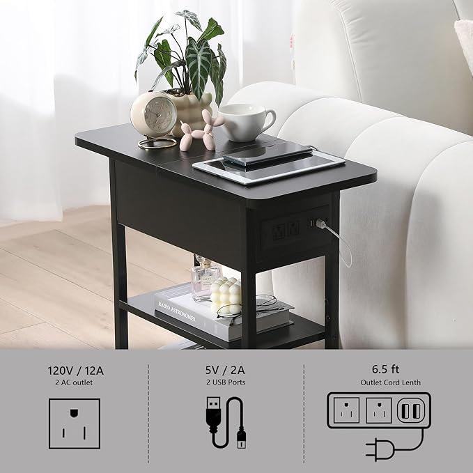 Modern End Table with Charging Station, Narrow Side Table with USB Ports & - Image 7