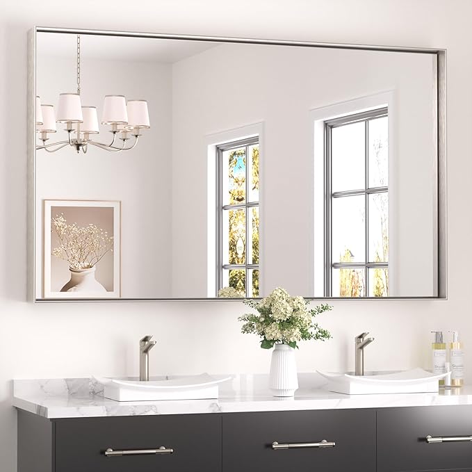 Keonjinn 60 x 36 in Brushed Nickel Bathroom Mirror, Rectangular Metal Framed by Keonjinn