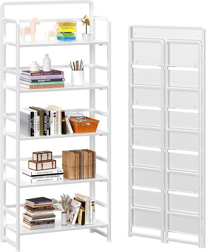 4NM No-Assembly 5 Tiers Folding Bookshelf Storage Shelves Vintage Bookcase by 4NM
