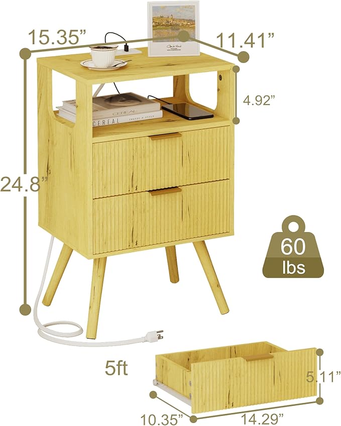 Nightstand with Charging Station and LED Lights, Modern Bedside Table with 2 - Image 2