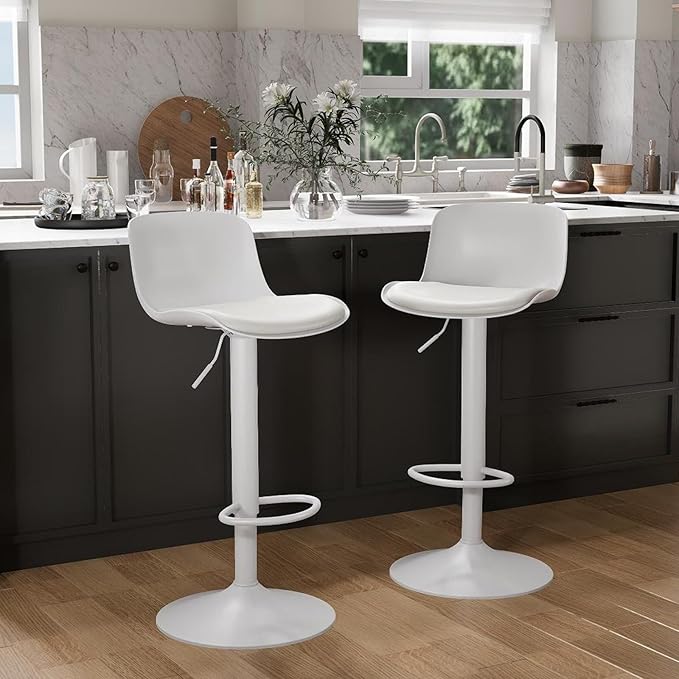 YOUTASTE White Bar Stools Set of 2 Adjustable Counter Height Bar Stool PU - Image 7