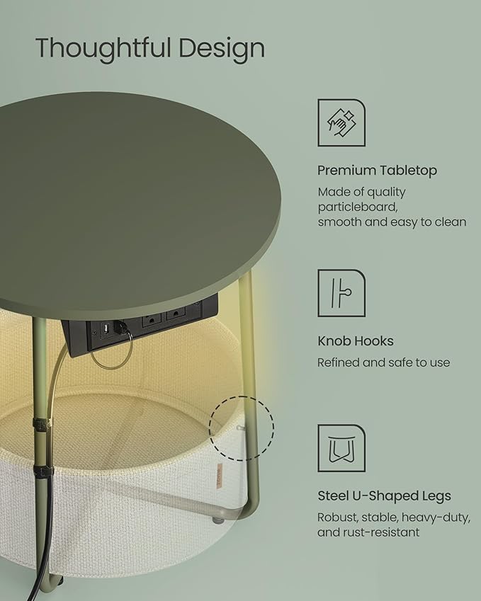 VASAGLE Side Table with Charging Station, Round End Table with Fabric Basket - Image 6
