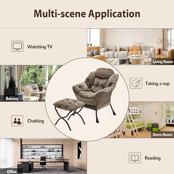Lazy Chair with Folding Ottoman, Accent Chair Velvet Upholstered with Metal - Image 8