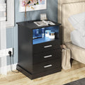 Black LED Nightstand with Charging Station, Side Table with 3 Drawers and Light by Halitaa