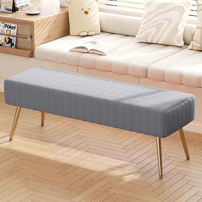 Furniliving 44 Inch Bedroom Benches, Upholstered Tufted Striped Fabric Ottoman - Image 5