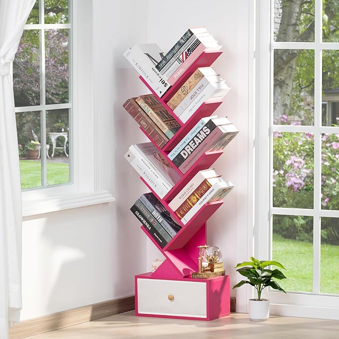 8 Tier Tree Bookshelf with Drawer, Free Standing Wood Bookcase - Image 2
