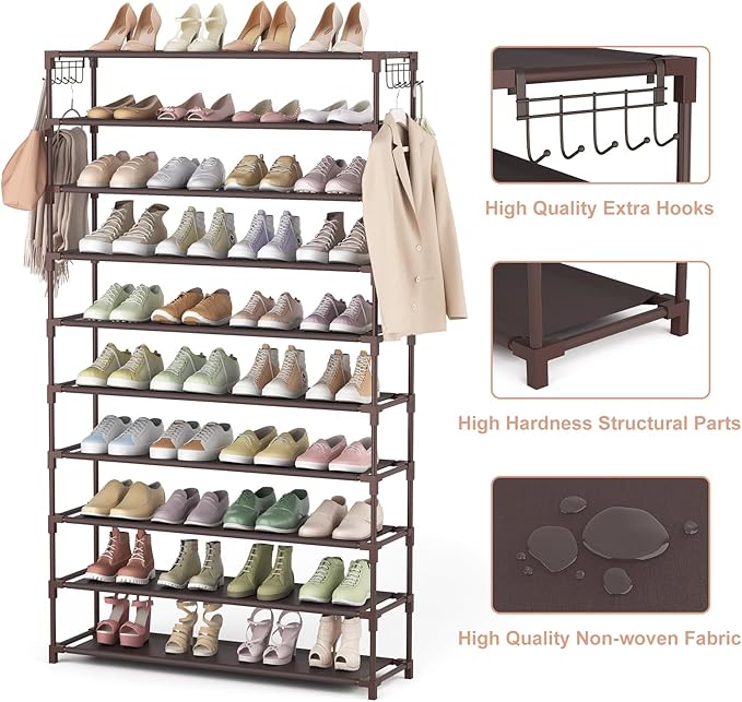 10 Tiers Shoe Rack 50 Pairs Large Capacity Tall Shoe Organizer Sturdy Shoe - Image 4