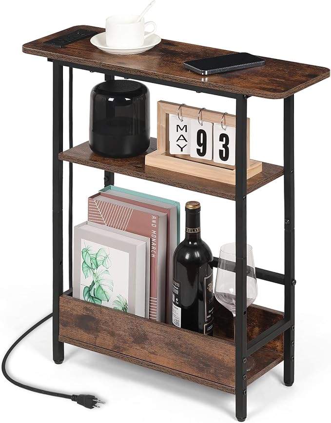 Narrow Side Table with USB-C Charging Station, 3-Tier Slim End Table with by Unknown