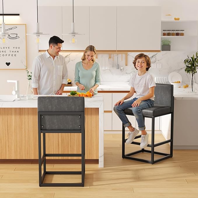 Barstools Set of 2 Grey Metal Bar Stools Modern Bar Chairs Pu Leather - Image 3