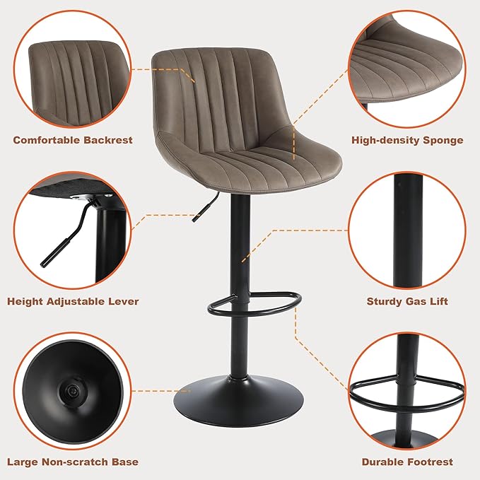 Bar Stool Set of 1, Adjustable PU Leather Bar Chairs, Swivel Counter Height - Image 5