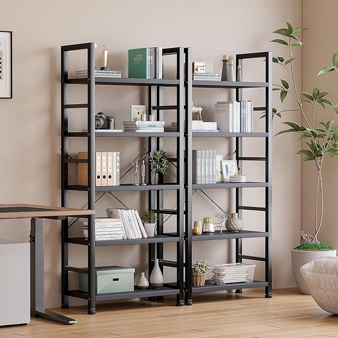 DUMOS 5 Tier Book Shelf Tall Modern Bookcase Set of 2 - Image 2