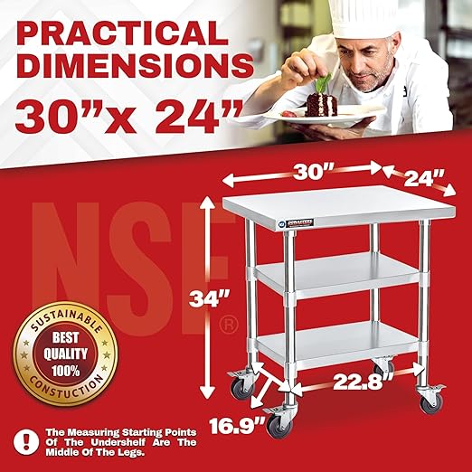 DuraSteel Stainless Steel Work Table 30" x 24" x 34" Height w/ 4 Caster Wheels - Image 2