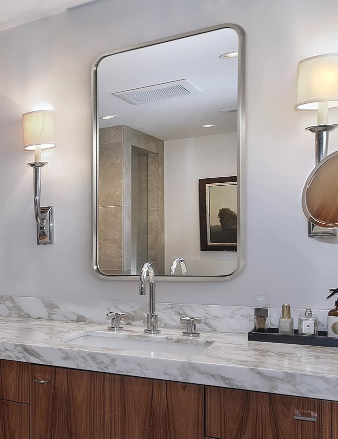 ANDY STAR 22x30'' Brushed Nickel Bathroom Mirror, Rounded Rectangle Brushed - Image 9