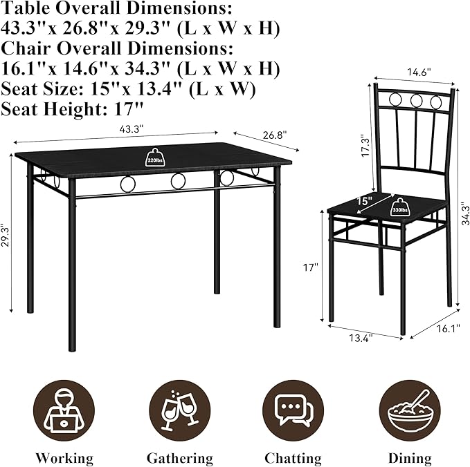 5 Piece Dining Table Set, Modern Metal&Wood Kitchen Dinner Table - Image 2