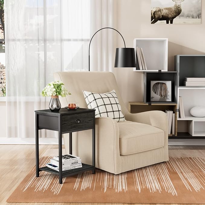 Furologee Nightstand with Fabric Drawer & Storage Shelf, Small Bedside Table - Image 2