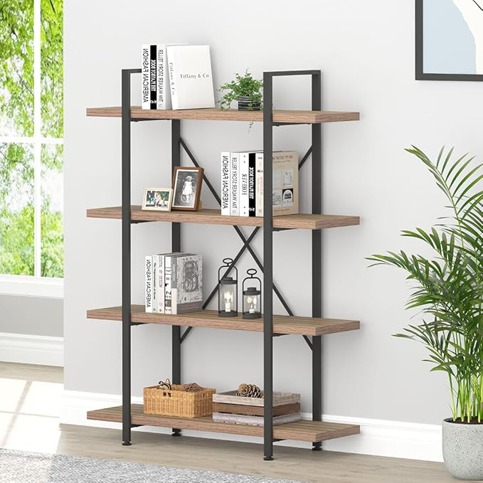 HSH Industrial 4 Tier Bookshelf, Modern Metal and Wood 4 Shelf Bookcase Etagere by HOMESWEETHOME