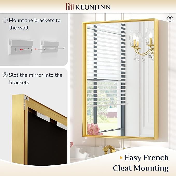 Keonjinn Brushed Gold Bathroom Mirror 60” x 30” Metal Framed Rectangular Wall - Image 4