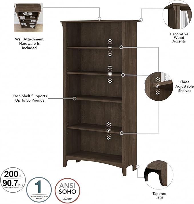 Bush Furniture Salinas 5 Shelf Bookcase in Ash Brown, Tall Bookshelf, Large - Image 8