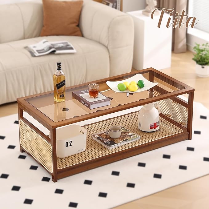 Tiita Coffee Tables for Living Room，Mid Century Modern Storage 2-Tier Coffee - Image 2