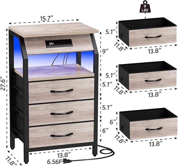 End Table with 3 Drawers, Night Stand with Charger Station and LED Lights - Image 3