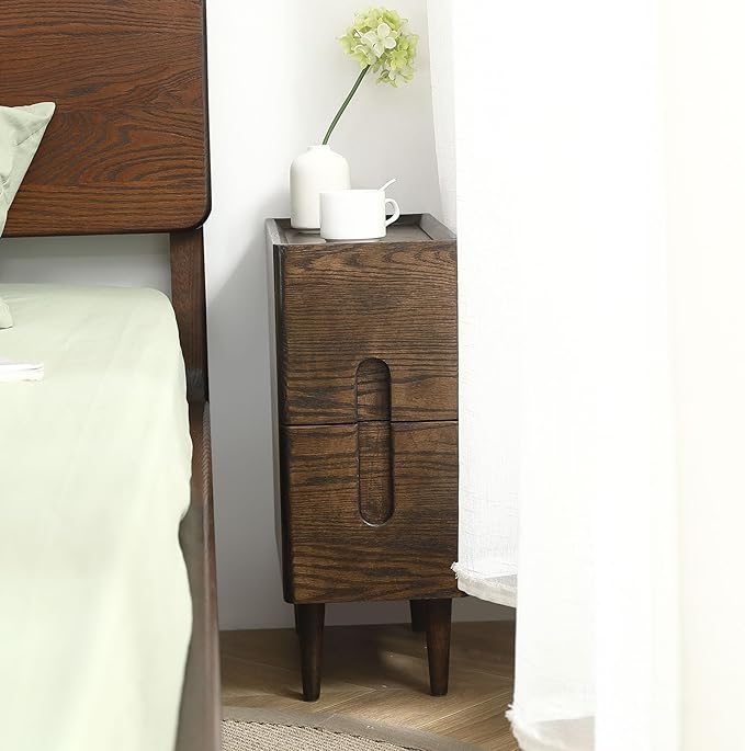 Solid Wood Bedside Table Nightstands, Slim Narrow Oak Real Wooden Mid-Century by AutoHenair
