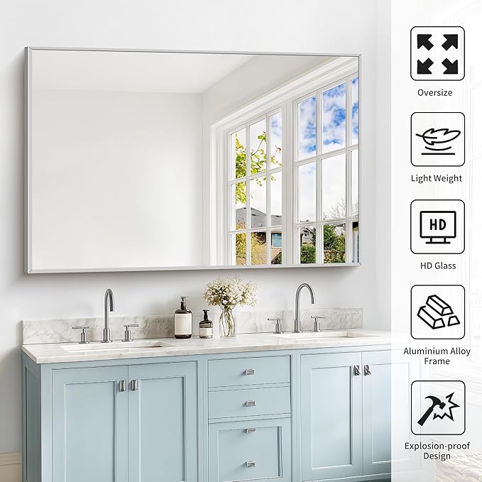 40x60inch Silver Bathroom Mirror, Large Rectangular Wall Mirrors - Image 3