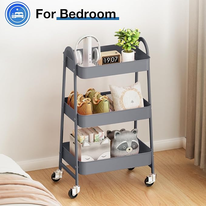 OLIXIS 3 Tier Utility Rolling Cart, Metal Mobile Storage Shelf - Image 7