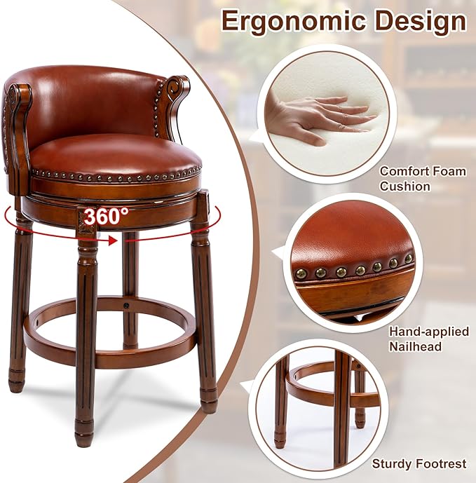 CozyRain Bar Stools Rubber Wood Counter Height Bar Stool Leather Upholstered - Image 5