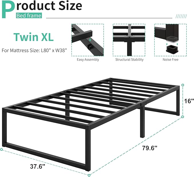 16 Inch Twin XL Bed Frames Heavy Duty Sturdy Metal Platform Bed Frame No Box - Image 2
