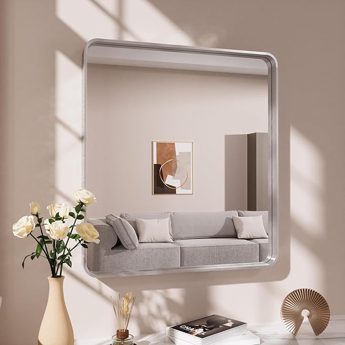 Brushed Nickel Bathroom Mirror, 30x36 Inch Thick Silver Metal Rectangle Frame by JISOSO