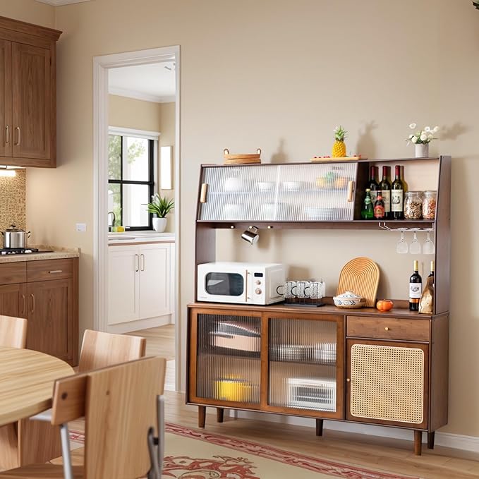 Tiita Kitchen Hutch with Countertop, 69” Rattan Solid Wood Pantry Cabinet with - Image 3