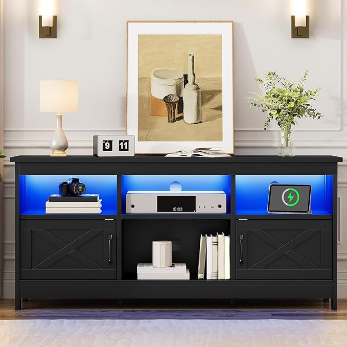 DWVO Black TV Stand for 65 Inch TV, Entertainment Centre, TV Cabinet - Image 7