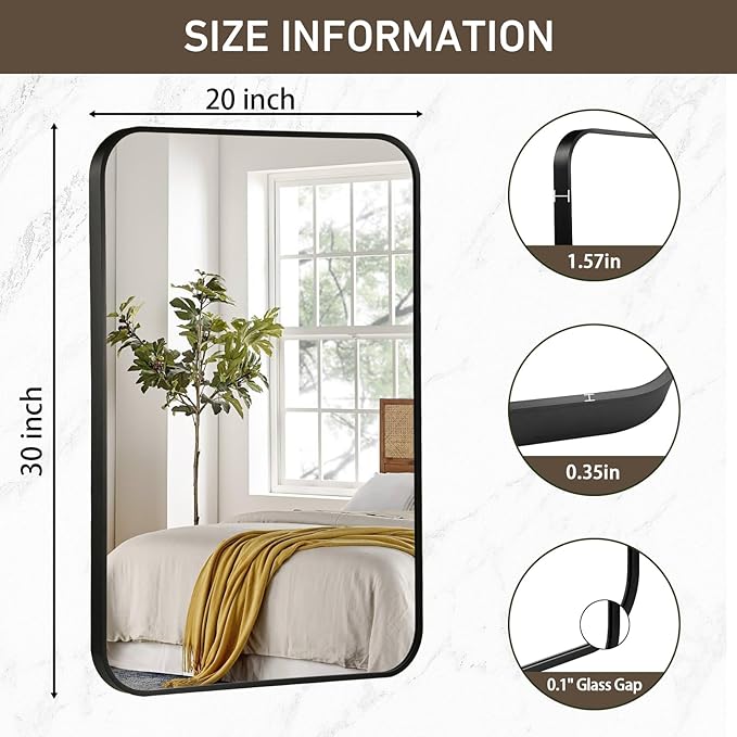 Black Bathroom Mirror, 20x30 Inch Matte Black Mirror, Aluminum Alloy Framed - Image 6