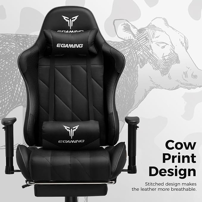 Gaming Chair with 3D Adjustable Armrests, Cow Print Design, Ergonomic Office - Image 4